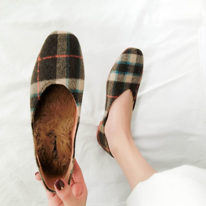 画像4: Women's Flat Check Flat Pumps loafers with pearls Pumps チェックフラットパンプス　ラビットファー中敷き付 (4)