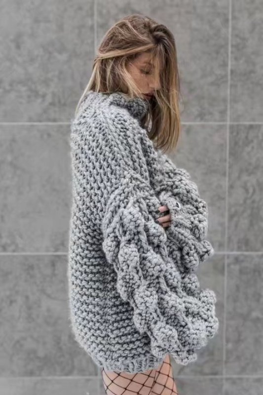 画像12: Women's Handmade Sweater Cuddle Up Loose large size Coarse lines ultra-Thick Coat Ahududu Hırka ハイネックポンポン付ざっくりニットセーターコート (12)