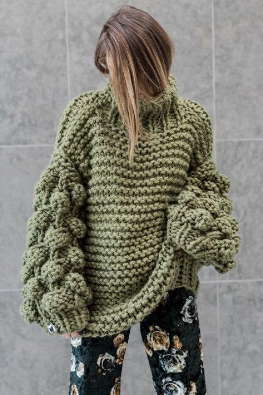 画像15: Women's Handmade Sweater Cuddle Up Loose large size Coarse lines ultra-Thick Coat Ahududu Hırka ハイネックポンポン付ざっくりニットセーターコート (15)