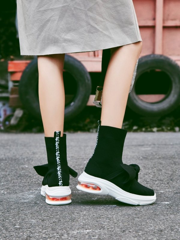 画像6: women's knitted wool elastic Socks boots stockings boots  リボンがポイントのソックスブーツ ショートブーツ (6)