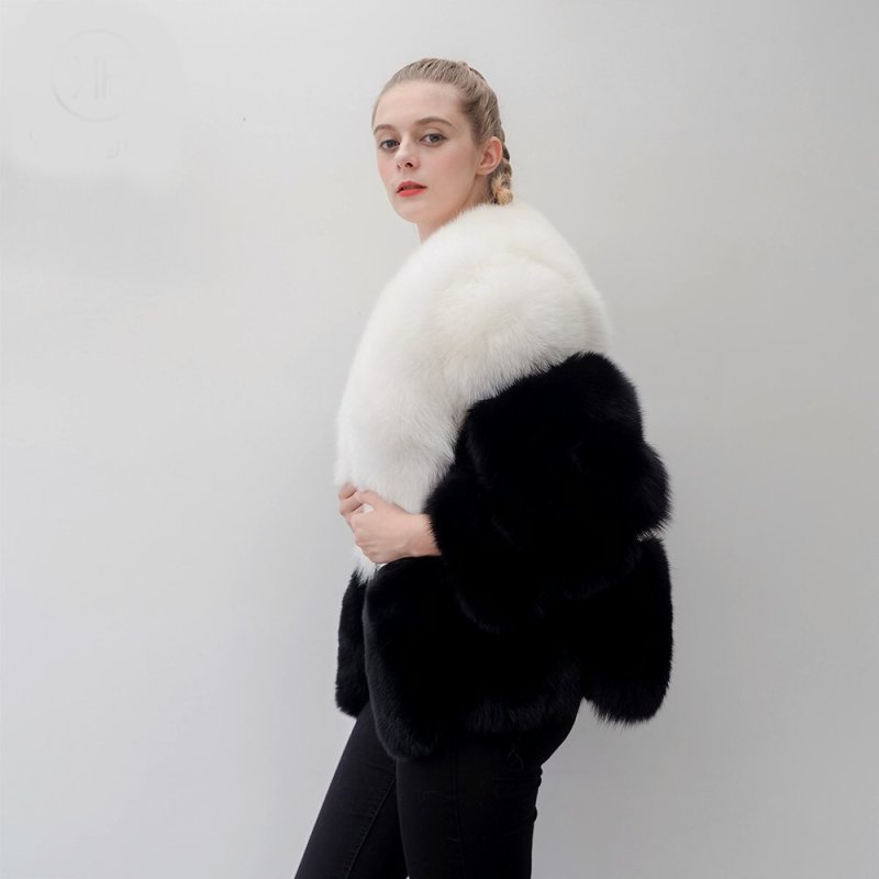 画像2: 2-tone Real Fox Fur Real Fur Coat ツートーン リアルフォックスファーコート ショート丈 ブロックスリーブ ボディストライプブロック ショートコート ジャケット 毛皮 (2)
