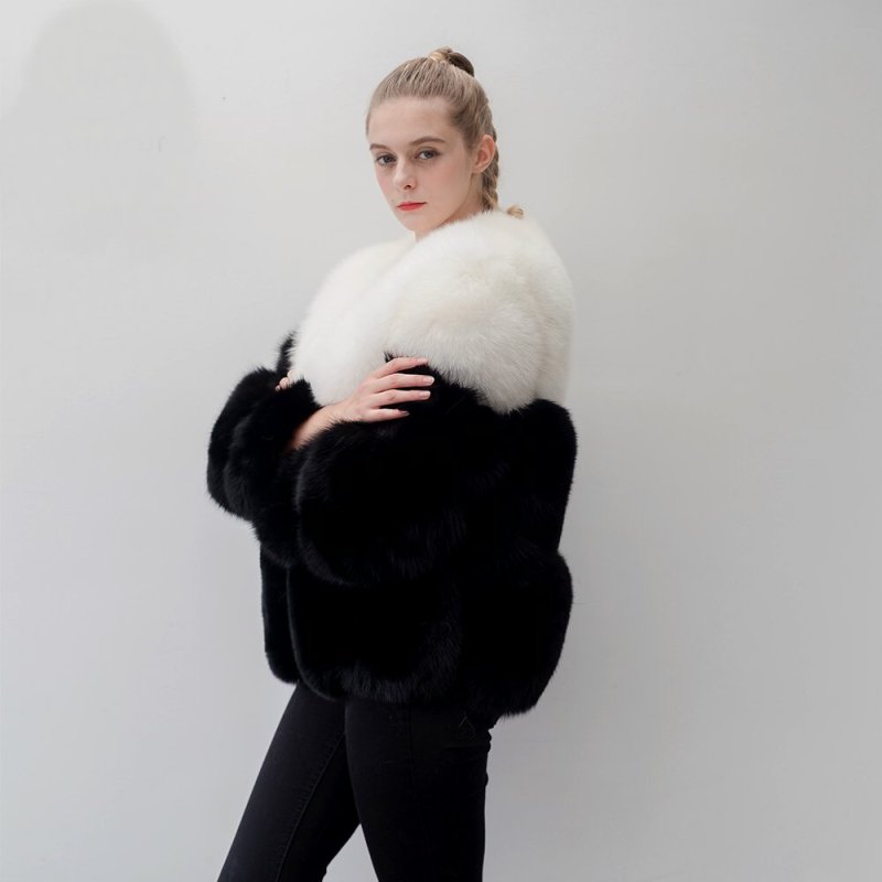 画像3: 2-tone Real Fox Fur Real Fur Coat ツートーン リアルフォックスファーコート ショート丈 ブロックスリーブ ボディストライプブロック ショートコート ジャケット 毛皮 (3)