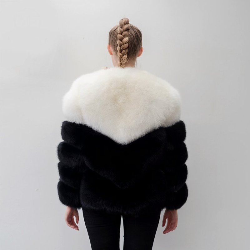 画像4: 2-tone Real Fox Fur Real Fur Coat ツートーン リアルフォックスファーコート ショート丈 ブロックスリーブ ボディストライプブロック ショートコート ジャケット 毛皮 (4)