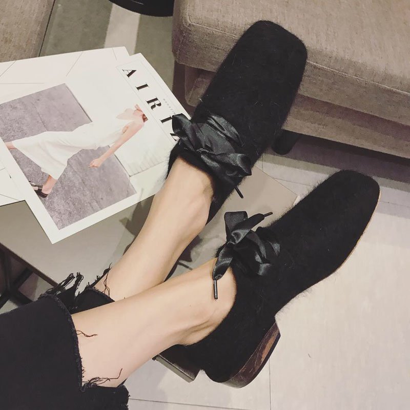 画像3: Women’s warm Mink plush Lace-up Flat Loafers flat shoesミンクファーレースアップフラットシューズ (3)