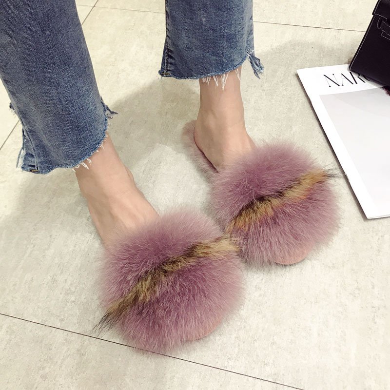 画像5: women's flat round head baotou half slippers rabbit fur fox fur slippers flip-flops  フォックス&ラビットファーサンダル ミュールスリッパ (5)
