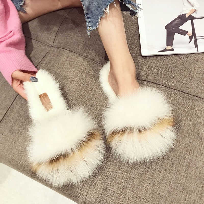 画像6: women's flat round head baotou half slippers rabbit fur fox fur slippers flip-flops  フォックス&ラビットファーサンダル ミュールスリッパ (6)