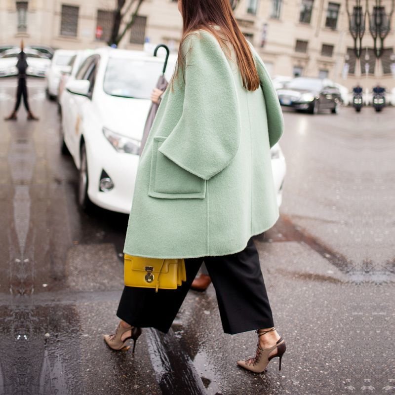 画像8: women’s   light green long section large pocket loose  wool warm coatシンプルノーカラーライムグリーンコート ジャケット (8)