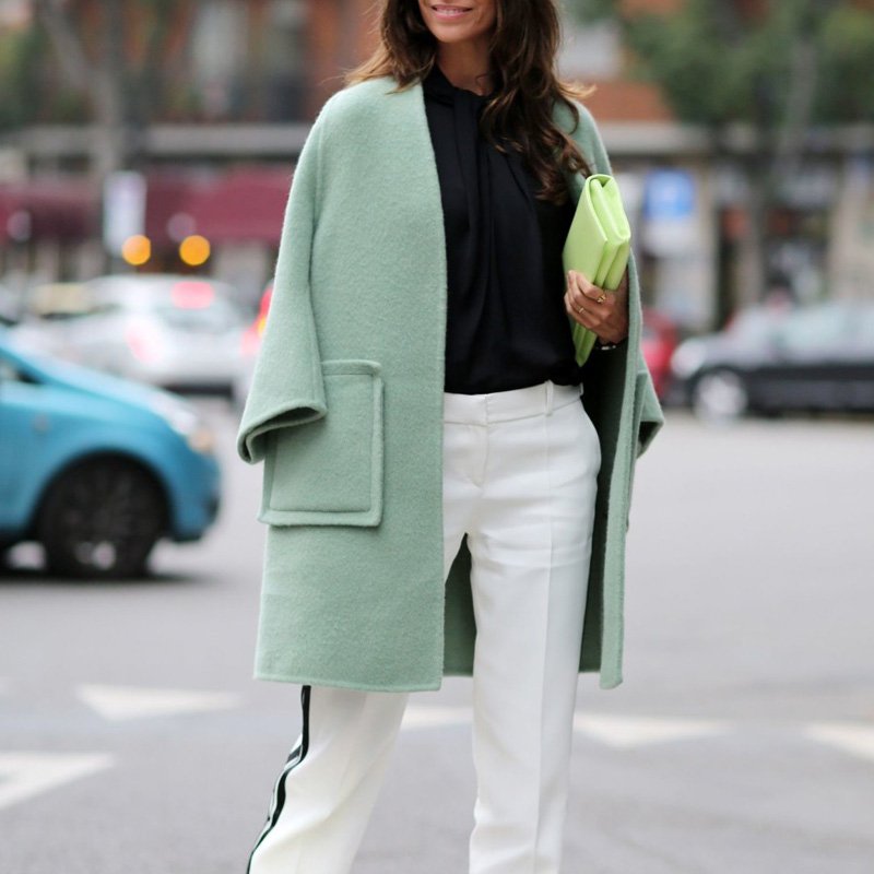 画像6: women’s   light green long section large pocket loose  wool warm coatシンプルノーカラーライムグリーンコート ジャケット (6)