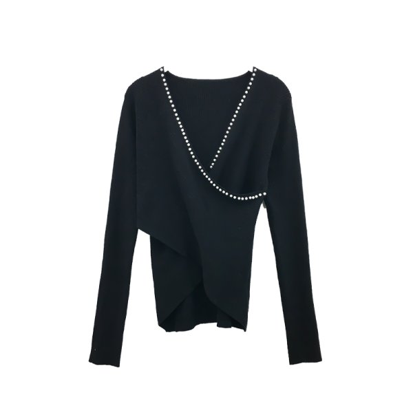 画像1: Women's long-sleeved V-neck pearl irregular knit  sweater Vネックパール付 セーターニット (1)