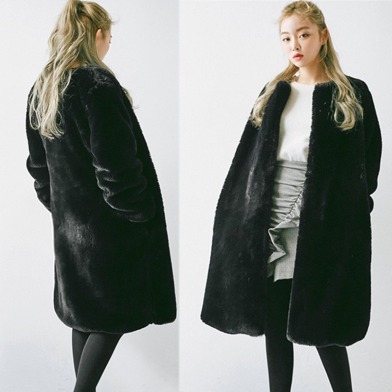 画像4: Women's rabbit eco fur  long Coat  エコファーノーカラーロングコート (4)
