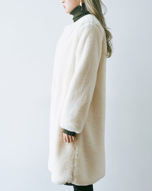 画像7: Women's rabbit eco fur  long Coat  エコファーノーカラーロングコート (7)