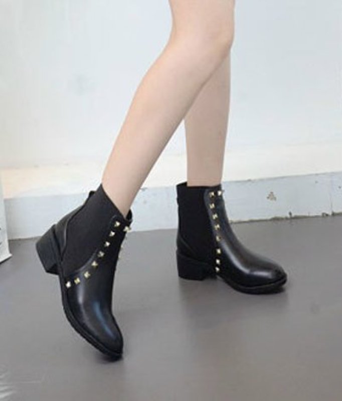 画像5: women's  elastic band rivet thick with ankle bootsスタッズ付レザーアンクルショートブーツ　ブーティ (5)