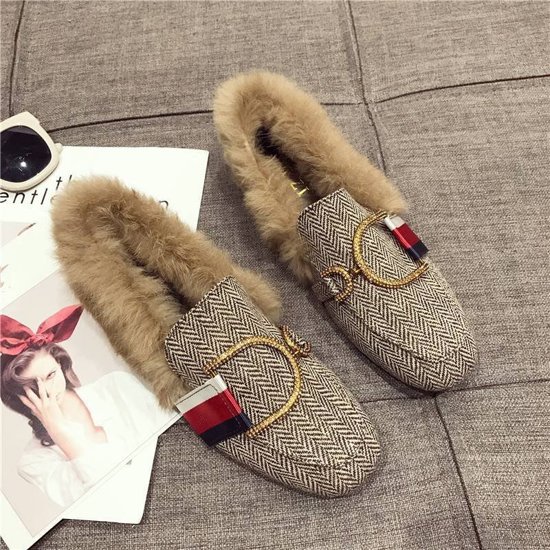 Women's flat rabbit far buckle square head fur shoes