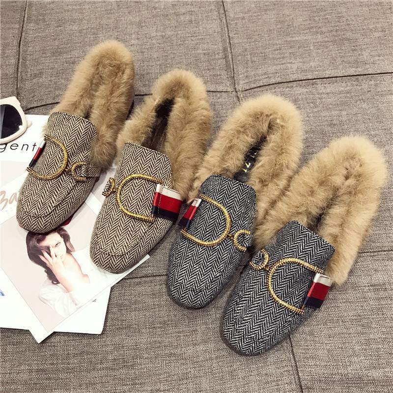 画像7: Women’s flat rabbit far buckle square head  fur shoes ラビットファー付きバックルフラットシューズ　パンプスローファー (7)