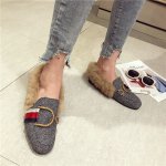 画像6: Women’s flat rabbit far buckle square head  fur shoes ラビットファー付きバックルフラットシューズ　パンプスローファー (6)