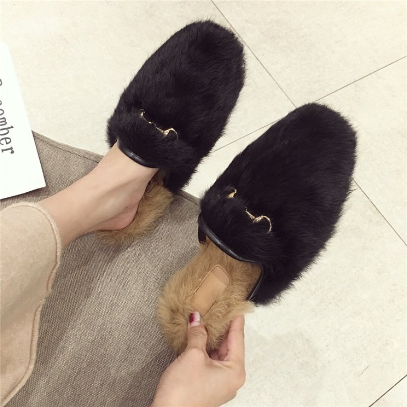 画像6: women's  rabbit half flat shoesラビットファーフラットモコモコサンダル  (6)