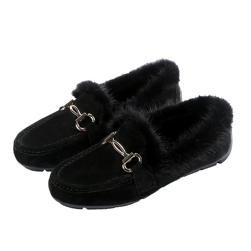 画像1: Women’s  Flat loafers shoes with fur　本革レザーファー付きフラットローファー (1)