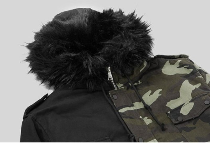 画像4:  camouflage drawstring waist loose long men's cotton coatメンズカモフラージュ&ブラックモッズコート (4)