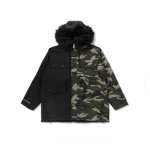 画像1:  camouflage drawstring waist loose long men's cotton coatメンズカモフラージュ＆ブラックモッズコート (1)