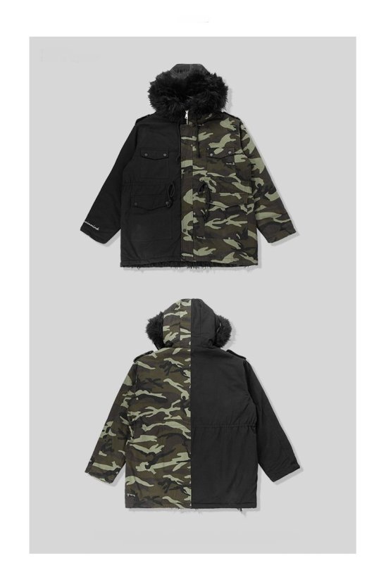 画像3:  camouflage drawstring waist loose long men's cotton coatメンズカモフラージュ&ブラックモッズコート (3)