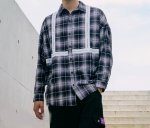 画像2:  oversize hot stamping ribbon splicing men's plaid shirt  オーバーサイズバックロゴレター入りチェックシャツ　 (2)