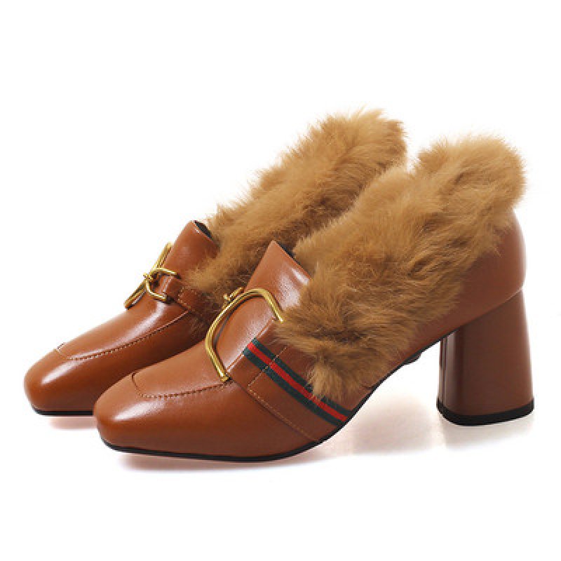 画像2: Women’s rabbit hair plus leather high heels pumps loafers  Shoes　ラビットファー付きレザーパンプス (2)