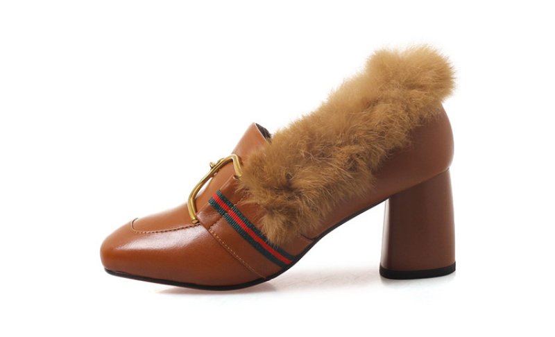 画像4: Women’s rabbit hair plus leather high heels pumps loafers  Shoes　ラビットファー付きレザーパンプス (4)