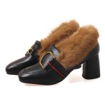 画像1: Women’s rabbit hair plus leather high heels pumps loafers  Shoes　ラビットファー付きレザーパンプス (1)