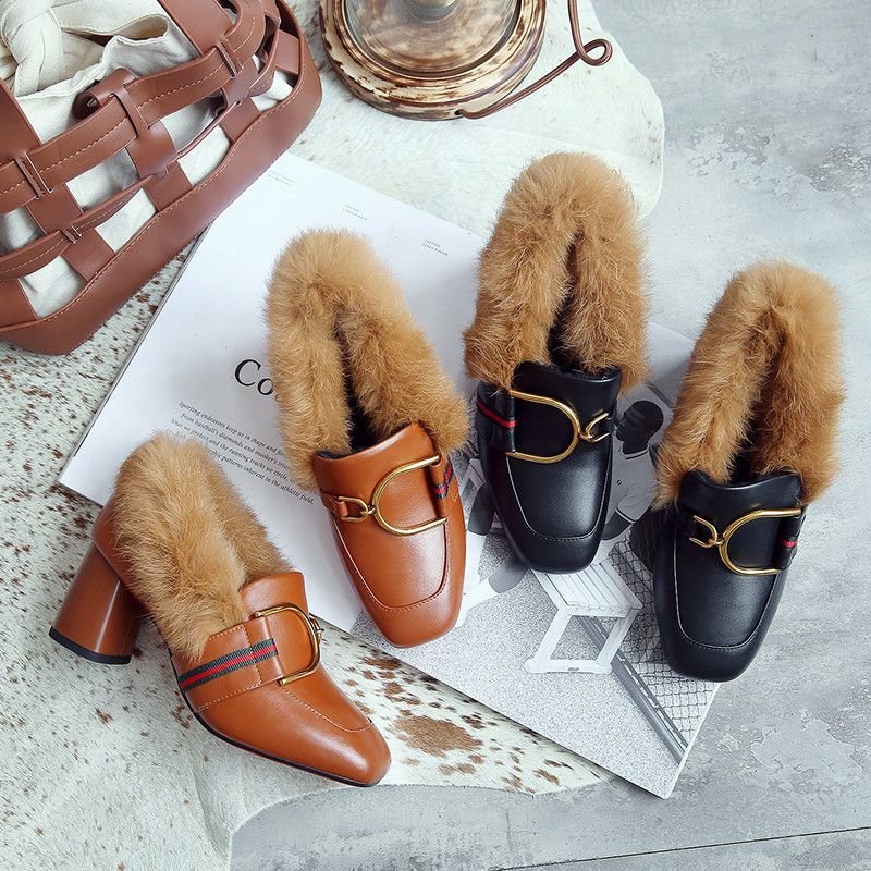 画像13: Women’s rabbit hair plus leather high heels pumps loafers  Shoes　ラビットファー付きレザーパンプス (13)