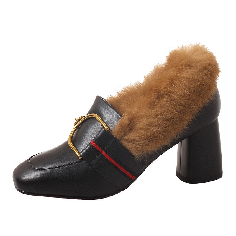 画像3: Women’s rabbit hair plus leather high heels pumps loafers  Shoes　ラビットファー付きレザーパンプス (3)
