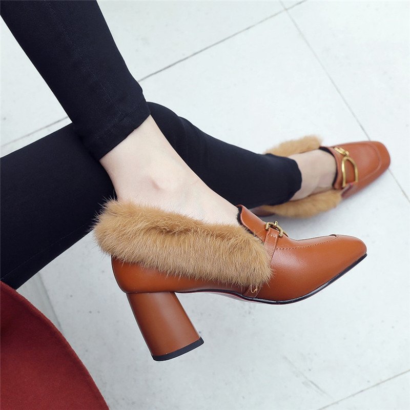 画像7: Women’s rabbit hair plus leather high heels pumps loafers  Shoes　ラビットファー付きレザーパンプス (7)