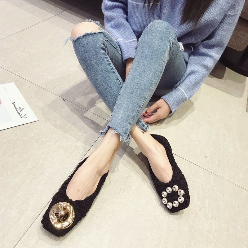 画像6: Women’s  buckle round head suede inside warm single shoes pumps バックル付きモコモコ中敷きのフラットパンプス　バレーシューズ (6)