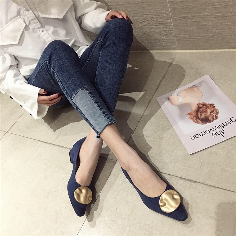 画像2: Women’s new suede retro wild shallow mouth low heel  shoesフラットスエードバックル付パンプス　シューズ (2)