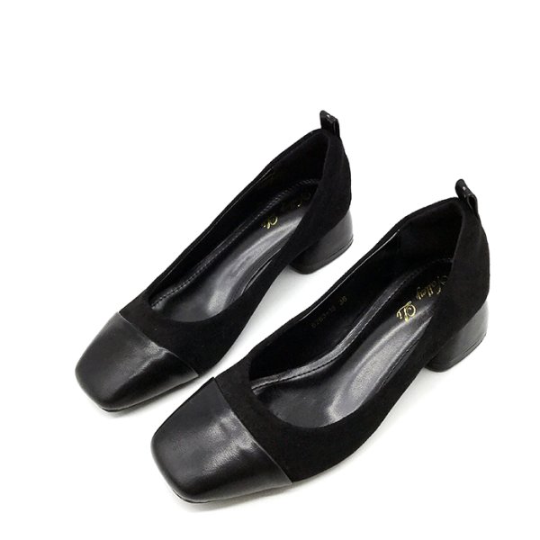 画像1: Women’s square head scoop shoes 太目ヒールバイカラーパンプス　シューズ (1)