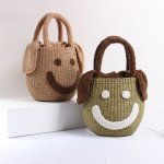 画像14: straw weird plush smile face portable bucket fur tote bag スマイル　ニコちゃんバケットトートかご籠バック (14)