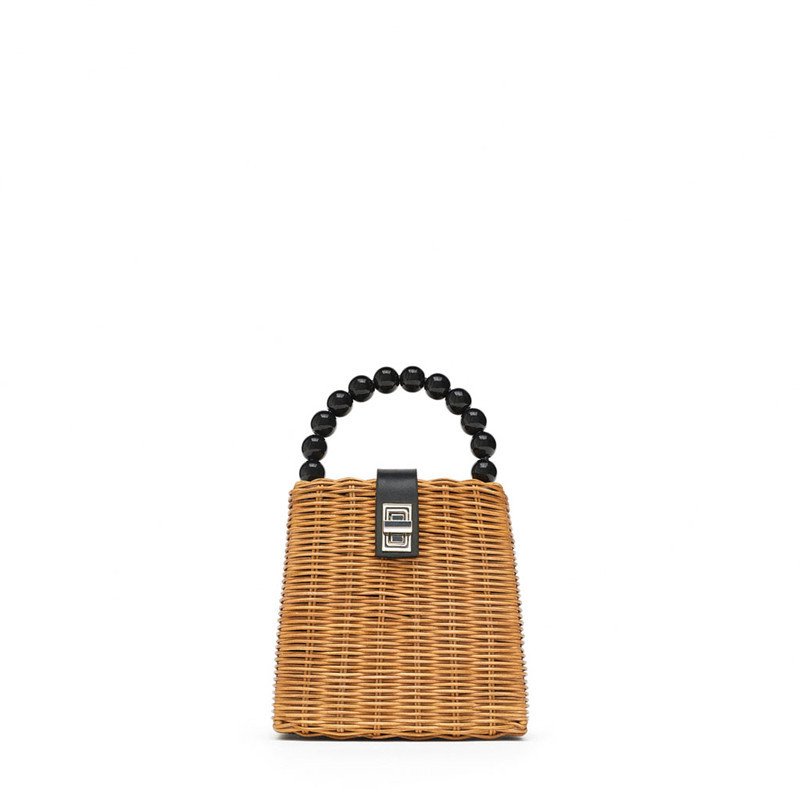 画像1:  samll straw tote  Shoulder 2way Bag ブラックパールの持ち手のバスケット型トートショルダーかご籠バック (1)