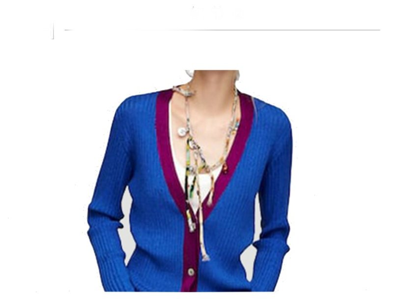 画像3:  V-neck single-breasted hit color rib long-sleeved shirt blue long knit cardiganVネックシングルブレストカラーリブ長袖シャツブルーロングニットカーディガン  (3)