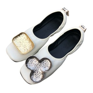 Women's flat rabbit far buckle square head fur shoes