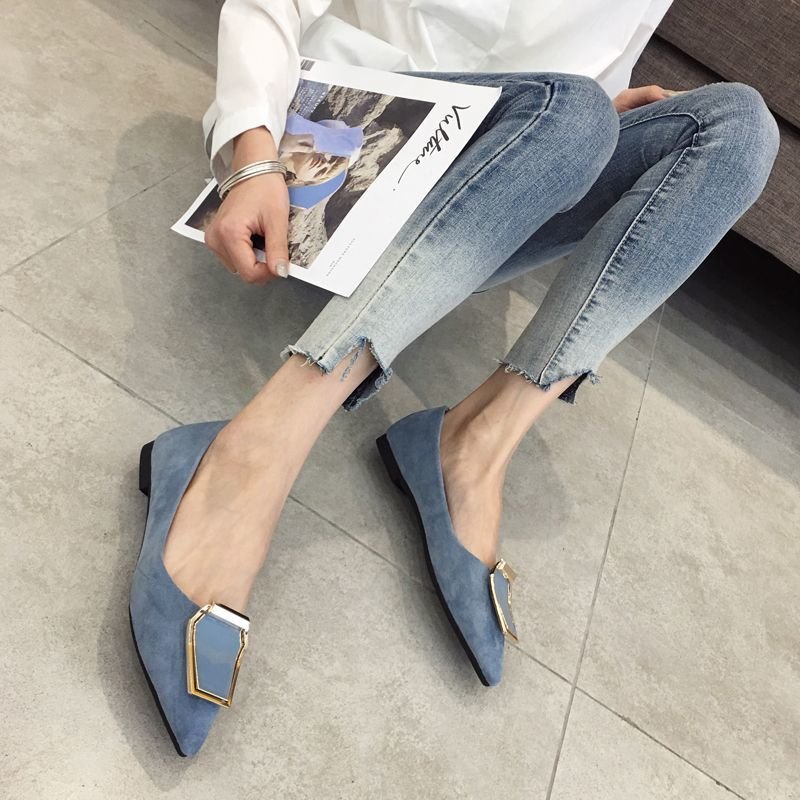 画像5: Women’s pointed shallow mouth suede square buckle soft sole shoes 　スエードスクエアバックルソフトソールフラットパンプス　 (5)