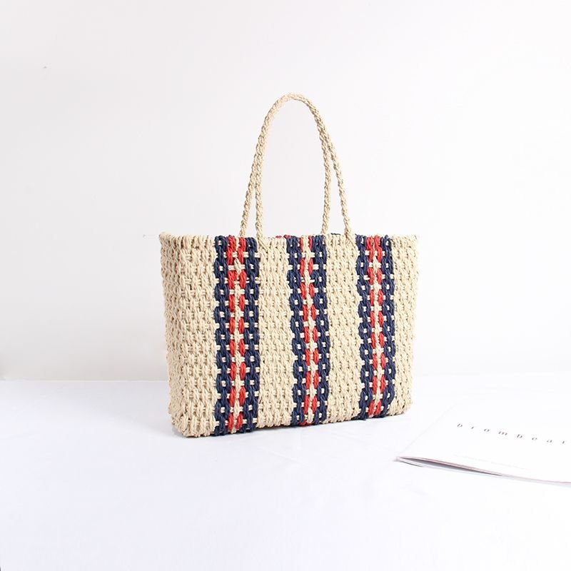 画像2:  natural  large-capacity hand-woven bag straw stripes  tote bag ストライプ　ボーダーストローかごバック　　トートバッグ　 (2)