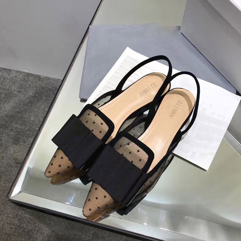 画像5: Women’s Mesh openwork Flat Mule Sandals Pumps pointed wave lace sandalsフラットレースボウ リボンミュール　パンプス　サンダル (5)