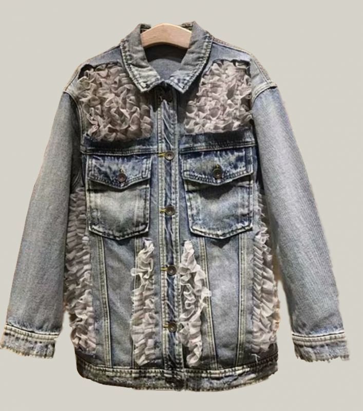 Womens sweet lace stitching denim jacket Coat レースフリル