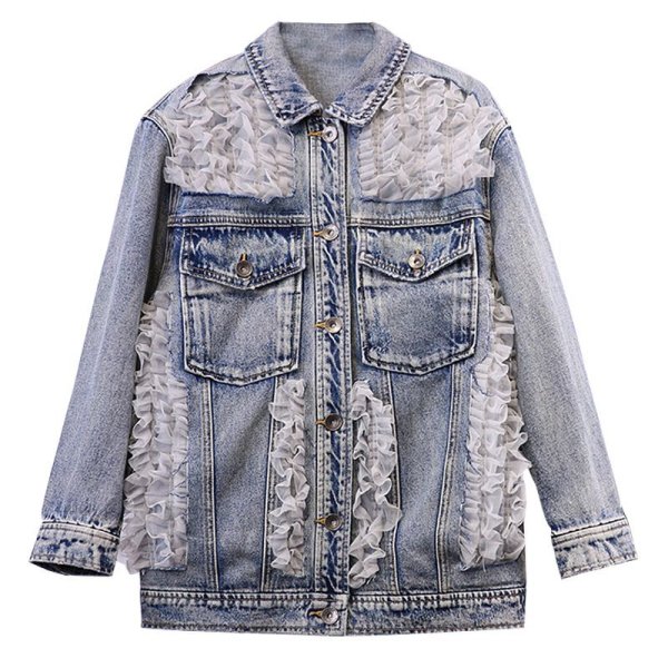 画像1: Womens  sweet lace stitching denim jacket Coat レースフリル付きオーバーサイズデニムジャケット　Gジャン (1)