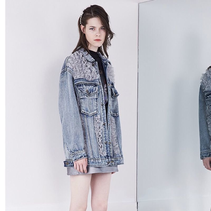 Womens sweet lace stitching denim jacket Coat レースフリル