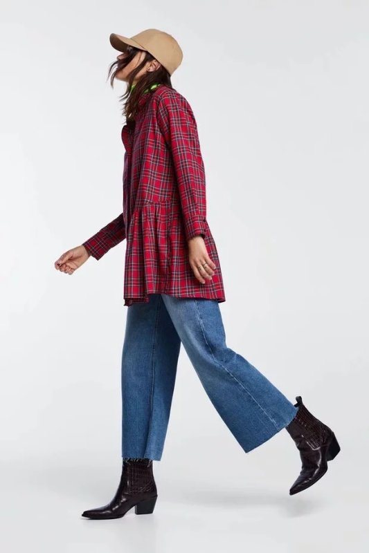 画像3: asymmetric plaid foreign trade tail Check shirt blous バックフリルチェックシャツ　ブラウス (3)