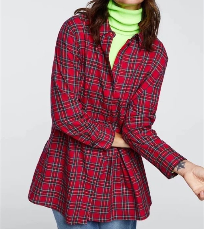 画像2: asymmetric plaid foreign trade tail Check shirt blous バックフリルチェックシャツ　ブラウス (2)