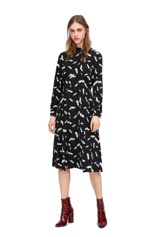 画像1: women's flower print long-sleeved dressフローラル膝丈ドレス　ワンピース (1)