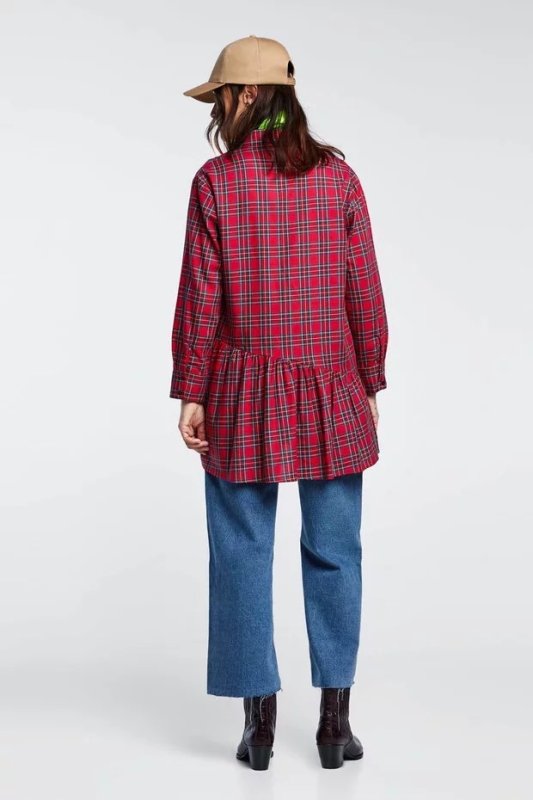 画像4: asymmetric plaid foreign trade tail Check shirt blous バックフリルチェックシャツ　ブラウス (4)