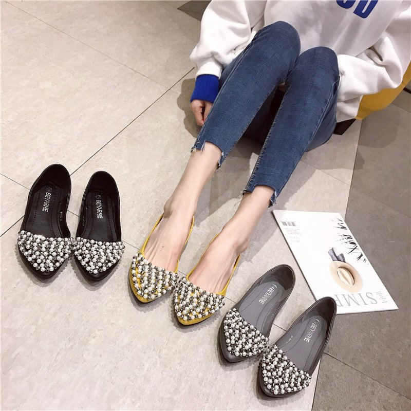 画像7: Women’s  pearl face decorative rhinestones sparkling sweet flat shoes 　パール＆ラインストーン付フラットパンプス　ペッタン　楽ちんシューズ (7)