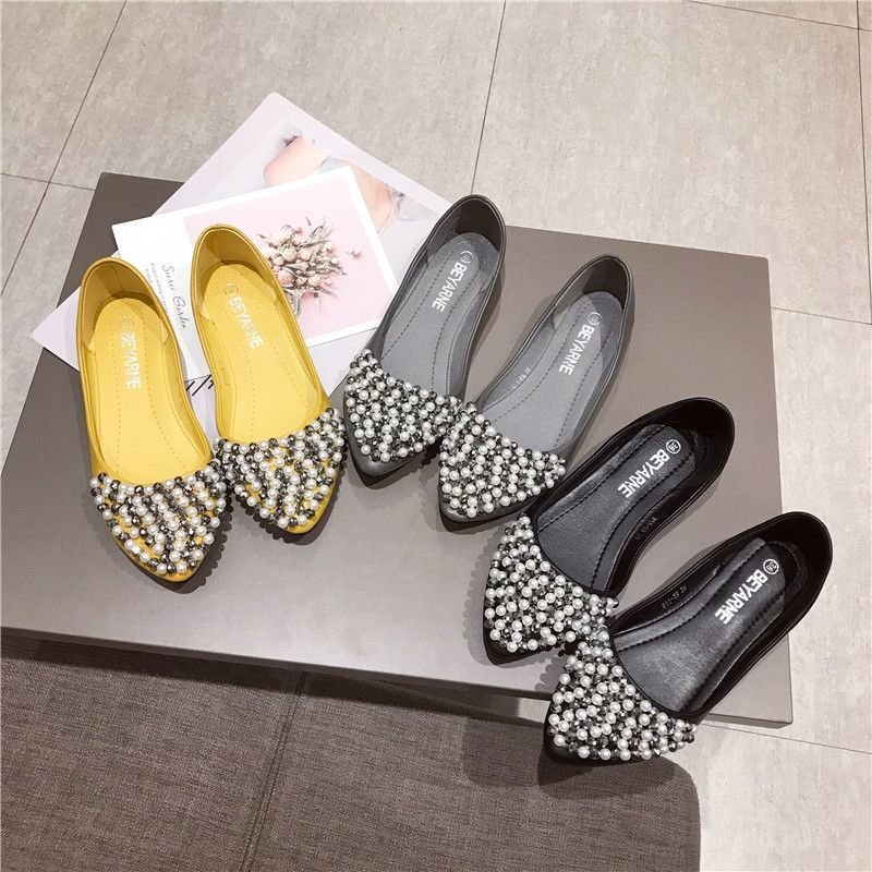 画像2: Women’s  pearl face decorative rhinestones sparkling sweet flat shoes 　パール＆ラインストーン付フラットパンプス　ペッタン　楽ちんシューズ (2)